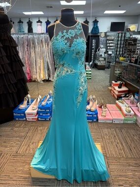RACHEL ALLEN 6817 TURQUOISE SIZE 8 STRAIGHT PROM FORMAL PAGEANT DRESS